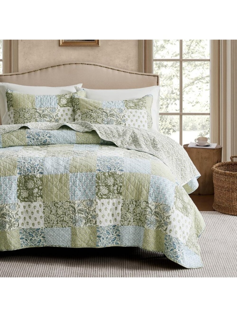 100% Cotton Reversible Patchwork Quilt Set - Queen Size Farmhouse Bedding, Green